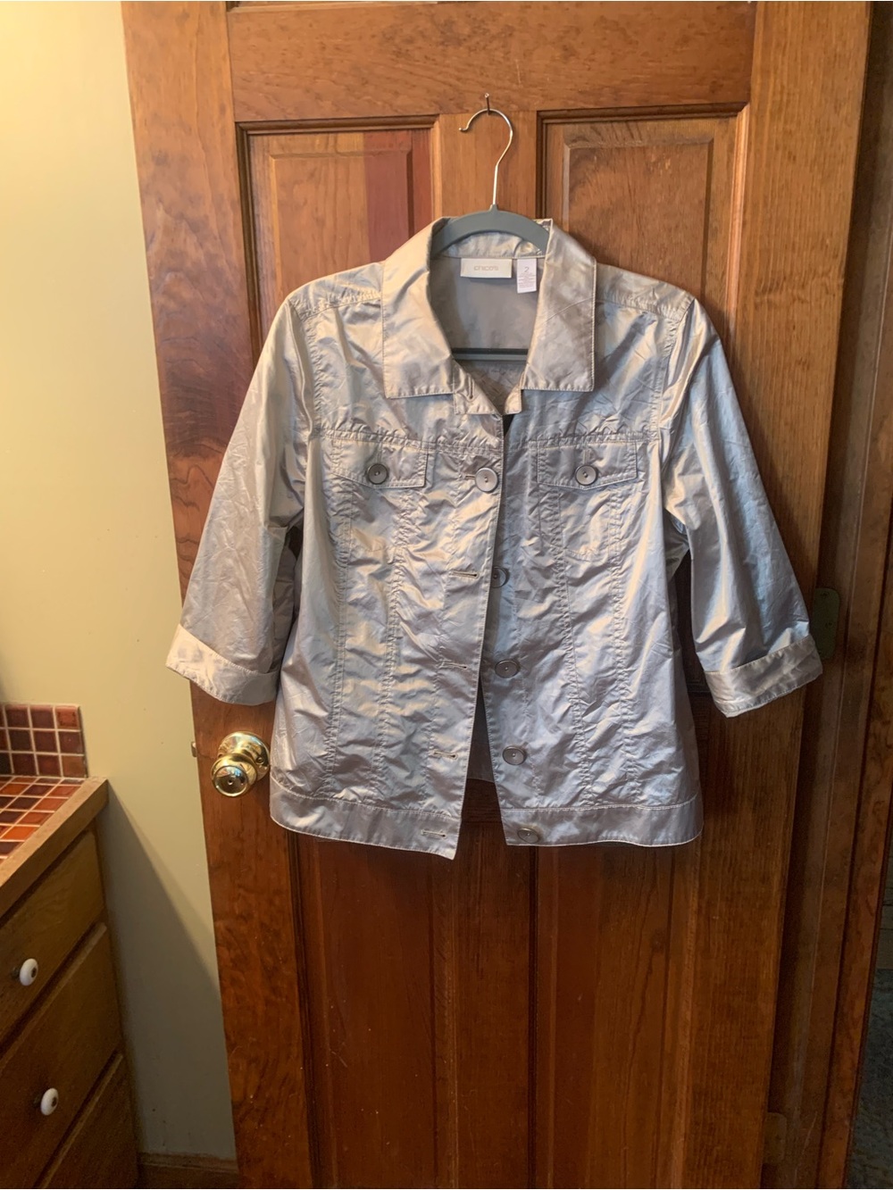 Chico's Metallic crinkle button front jacket, SHINY PEWTER, iridescent fabric.